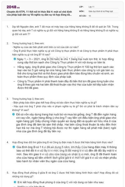 Chuyên đề KTPL 11 Kết nối tri thức Bài 4: một số chế định của pháp luật dân sự Về nghĩa vụ dân sự và hợp đồng dân sự có đáp án