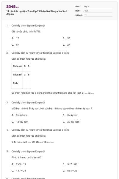 11 câu trắc nghiệm Toán lớp 2 Cánh diều Bảng nhân 5 có đáp án