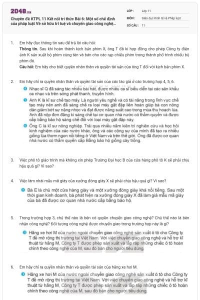 Chuyên đề KTPL 11 Kết nối tri thức Bài 6: Một số chế định của pháp luật Về sở hữu trí tuệ và chuyển giao công nghệ có đáp án