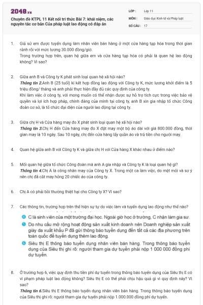 Chuyên đề KTPL 11 Kết nối tri thức Bài 7: khái niệm, các nguyên tắc cơ bản Của pháp luật lao động có đáp án