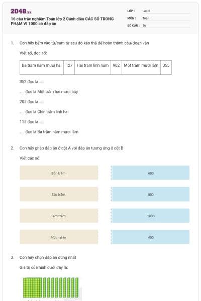 16 câu trắc nghiệm Toán lớp 2 Cánh diều CÁC SỐ TRONG PHẠM VI 1000 có đáp án