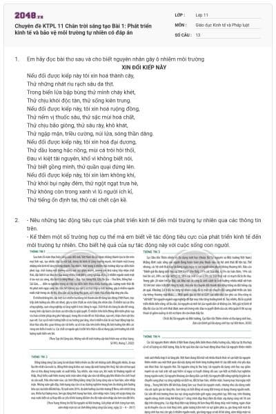 Chuyên đề KTPL 11 Chân trời sáng tạo Bài 1: Phát triển kinh tế và bảo vệ môi trường tự nhiên có đáp án