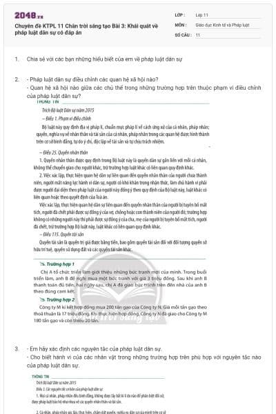 Chuyên đề KTPL 11 Chân trời sáng tạo Bài 3: Khái quát về pháp luật dân sự có đáp án