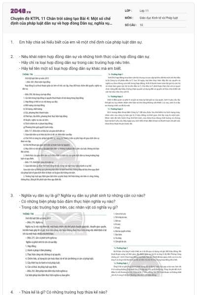 Chuyên đề KTPL 11 Chân trời sáng tạo Bài 4: Một số chế định của pháp luật dân sự về hợp đồng Dân sự, nghĩa vụ dân sự, thừa kế, hôn nhân và gia đình có đáp án