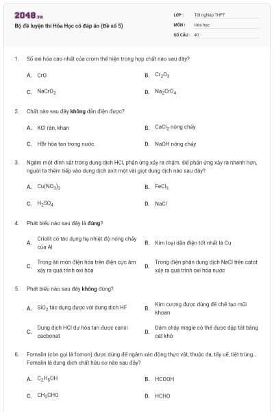 Bộ đề luyện thi Hóa Học có đáp án (Đề số 5)
