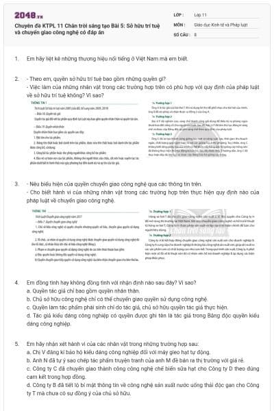 Chuyên đề KTPL 11 Chân trời sáng tạo Bài 5: Sở hữu trí tuệ và chuyển giao công nghệ  có đáp án