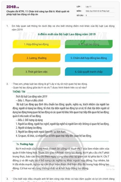 Chuyên đề KTPL 11 Chân trời sáng tạo Bài 6: Khái quát về pháp luật lao động có đáp án
