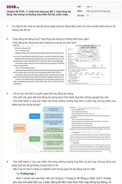 Chuyên đề KTPL 11 Chân trời sáng tạo Bài 7: Hợp đồng lao động, tiền lương và thưởng, bảo hiểm Xã hội, tranh chấp và giải quyết tranh chấp lao động có đáp án