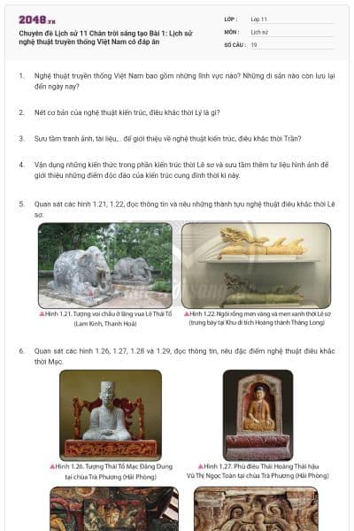 Chuyên đề Lịch sử 11 Chân trời sáng tạo Bài 1: Lịch sử nghệ thuật truyền thống Việt Nam có đáp án