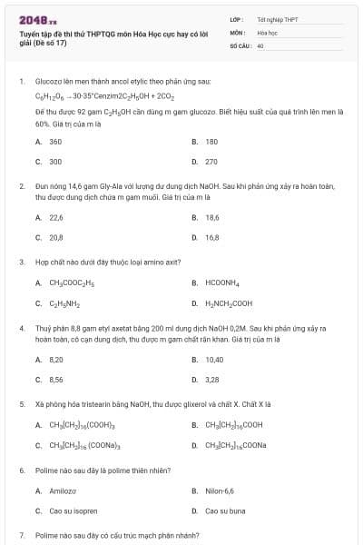 Tuyển tập đề thi thử THPTQG môn Hóa Học cực hay có lời giải (Đề số 17)