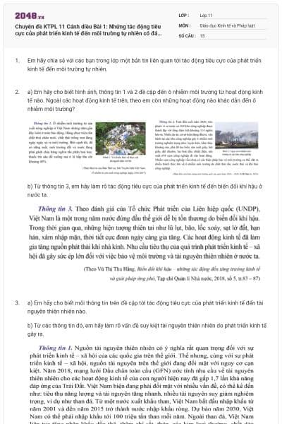 Chuyên đề KTPL 11 Cánh diều Bài 1: Những tác động tiêu cực của phát triển kinh tế đến môi trường tự nhiên có đáp án