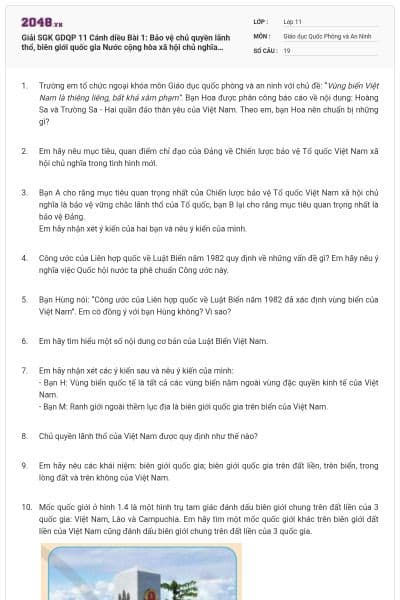 Giải SGK GDQP 11 Cánh diều Bài 1: Bảo vệ chủ quyền lãnh thổ, biên giới quốc gia Nước cộng hòa xã hội chủ nghĩa Việt Nam có đáp án