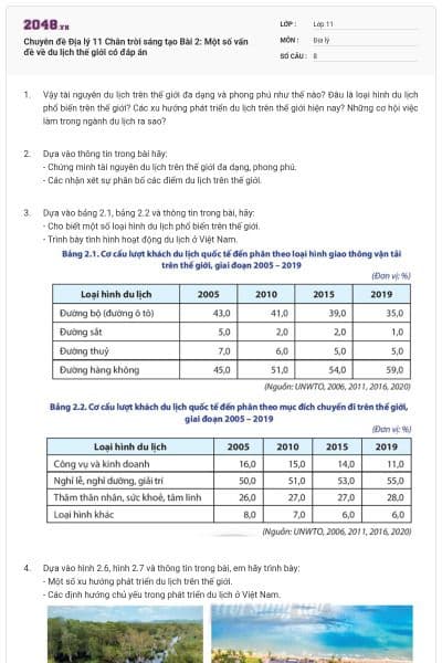 Chuyên đề Địa lý 11 Chân trời sáng tạo Bài 2: Một số vấn đề về du lịch thế giới có đáp án