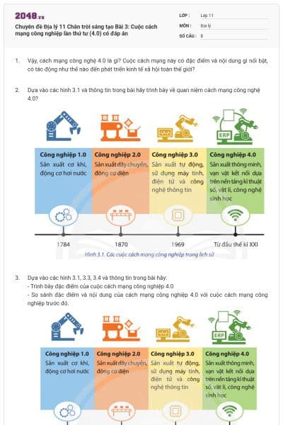 Chuyên đề Địa lý 11 Chân trời sáng tạo Bài 3: Cuộc cách mạng công nghiệp lần thứ tư (4.0) có đáp án