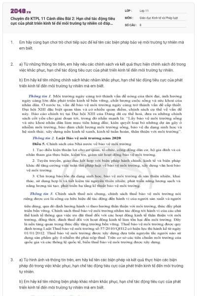 Chuyên đề KTPL 11 Cánh diều Bài 2: Hạn chế tác động tiêu cực của phát triển kinh tế đế môi trường tự nhiên có đáp án