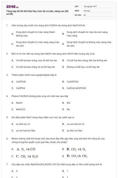 Tổng hợp đề thi thử Hóa Học mức độ cơ bản, nâng cao (Đế số 08)