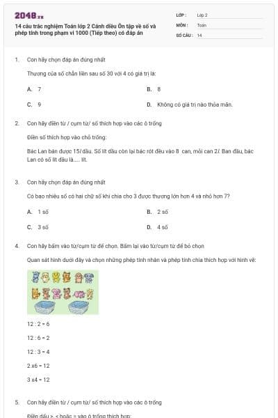 14 câu trắc nghiệm Toán lớp 2 Cánh diều Ôn tập về số và phép tính trong phạm vi 1000 (Tiếp theo)  có đáp án