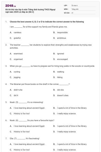 Đề thi thử vào lớp 6 môn Tiếng Anh trường THCS Ngoại ngữ năm 2025 có đáp án (Đề 2)