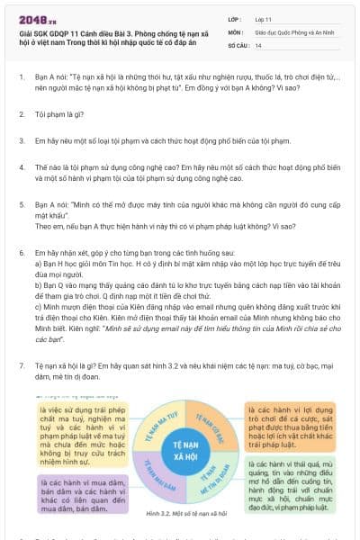 Giải SGK GDQP 11 Cánh diều Bài 3. Phòng chống tệ nạn xã hội ở việt nam Trong thời kì hội nhập quốc tế có đáp án