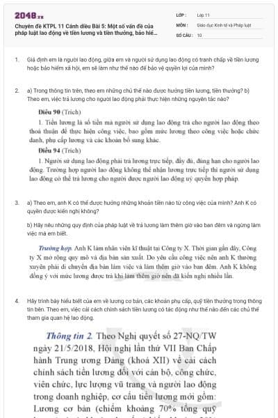 Chuyên đề KTPL 11 Cánh diều Bài 5: Một số vấn đề của pháp luật lao động về tiền lương và tiền thưởng, bảo hiểm xã hội tranh chấp và giải quyết tranh chấp lao động có đáp án