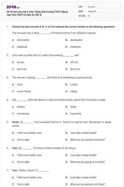 Đề thi thử vào lớp 6 môn Tiếng Anh trường THCS Ngoại ngữ năm 2025 có đáp án (Đề 3)