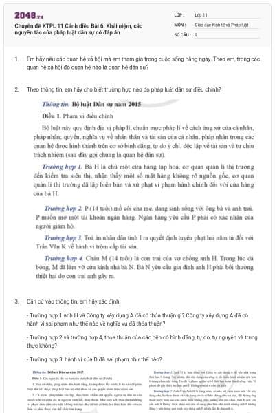 Chuyên đề KTPL 11 Cánh diều Bài 6: Khái niệm, các nguyên tắc của pháp luật dân sự có đáp án