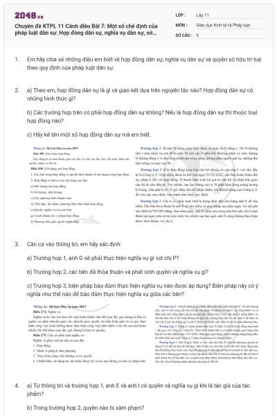Chuyên đề KTPL 11 Cánh diều Bài 7: Một số chế định của pháp luật dân sự: Hợp đồng dân sự, nghĩa vụ dân sự, sở hữu trí tuệ và chuyển giao công nghệ có đáp án
