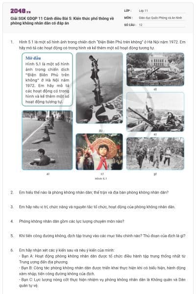 Giải SGK GDQP 11 Cánh diều Bài 5: Kiến thức phổ thông về phòng không nhân dân có đáp án