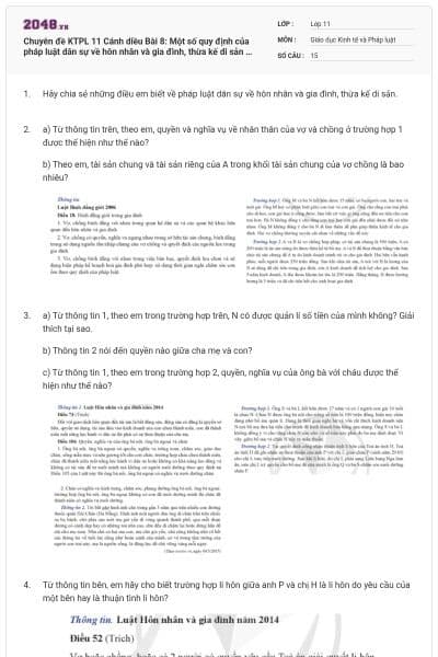 Chuyên đề KTPL 11 Cánh diều Bài 8: Một số quy định của pháp luật dân sự về hôn nhân và gia đình, thừa kế di sản có đáp án