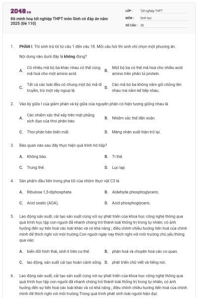 Đề minh hoạ tốt nghiệp THPT môn Sinh có đáp án năm 2025 (Đề 110)