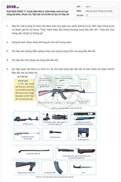 Giải SGK GDQP 11 Cánh diều Bài 6: Giới thiệu một số loại súng bộ binh, thuốc nổ, Vật cản và vũ khí tự tạo có đáp án