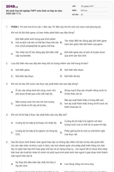 Đề minh hoạ tốt nghiệp THPT môn Sinh có đáp án năm 2025 (Đề 111)