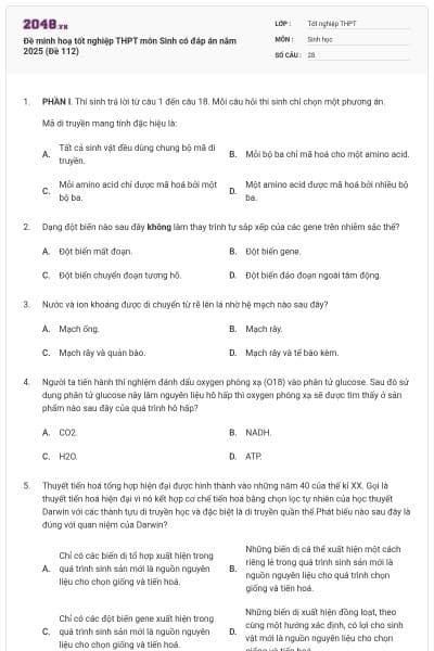 Đề minh hoạ tốt nghiệp THPT môn Sinh có đáp án năm 2025 (Đề 112)