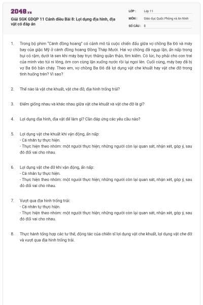 Giải SGK GDQP 11 Cánh diều Bài 8: Lợi dụng địa hình, địa vật có đáp án