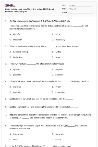 Đề thi thử vào lớp 6 môn Tiếng Anh trường THCS Ngoại ngữ năm 2024 có đáp án