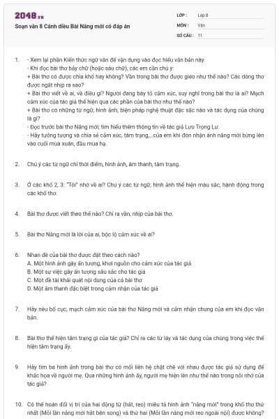 Soạn văn 8 Cánh diều Bài Nắng mới có đáp án