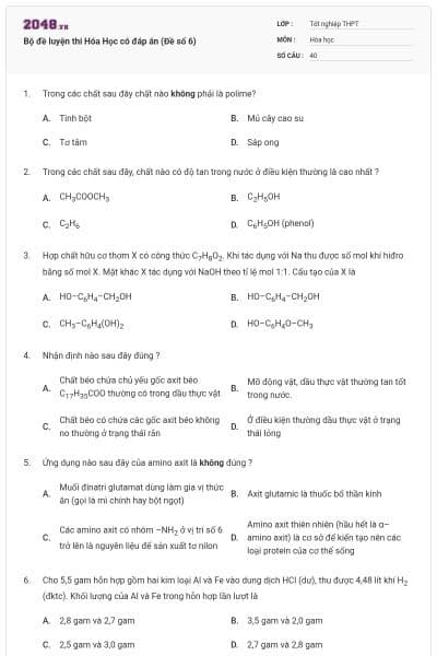 Bộ đề luyện thi Hóa Học có đáp án (Đề số 6)