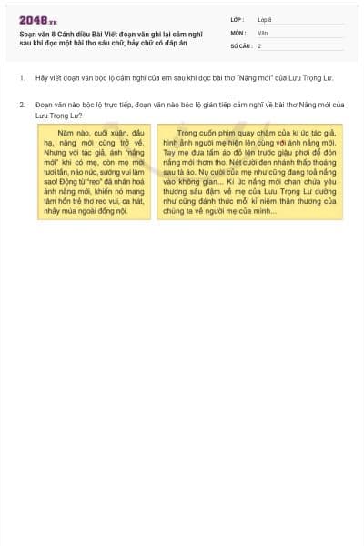 Soạn văn 8 Cánh diều Bài Viết đoạn văn ghi lại cảm nghĩ sau khi đọc một bài thơ sáu chữ, bảy chữ có đáp án