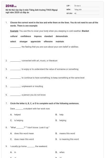 Đề thi thử vào lớp 6 môn Tiếng Anh trường THCS Ngoại ngữ năm 2020 có đáp án