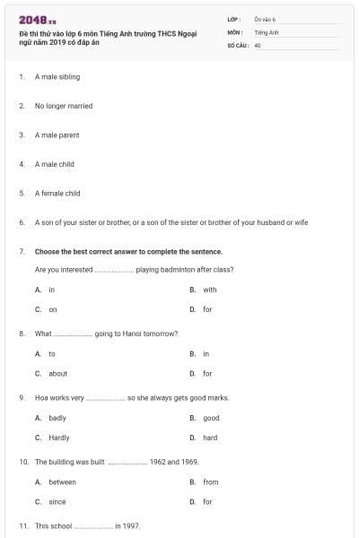 Đề thi thử vào lớp 6 môn Tiếng Anh trường THCS Ngoại ngữ năm 2019 có đáp án