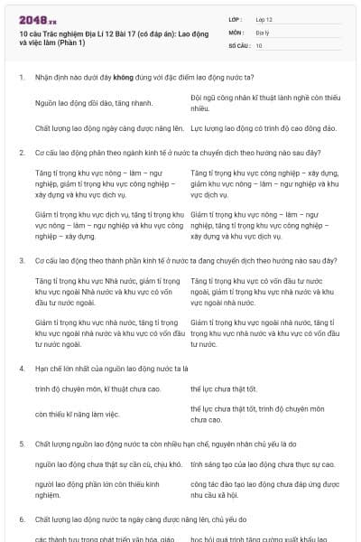 10 câu Trắc nghiệm Địa Lí 12 Bài 17 (có đáp án): Lao động và việc làm (Phần 1)