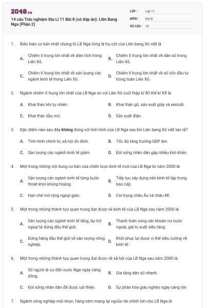 14 câu Trắc nghiệm Địa Lí 11 Bài 8 (có đáp án): Liên Bang Nga (Phần 2)