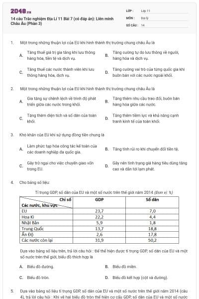 14 câu  Trắc nghiệm Địa Lí 11 Bài 7 (có đáp án): Liên minh Châu Âu (Phần 3)
