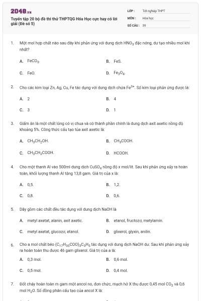 Tuyển tập 20 bộ đề thi thử THPTQG Hóa Học cực hay có lời giải (Đề số 5)