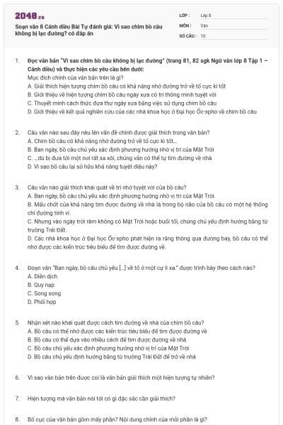 Soạn văn 8 Cánh diều Bài Tự đánh giá: Vì sao chim bồ câu không bị lạc đường? có đáp án