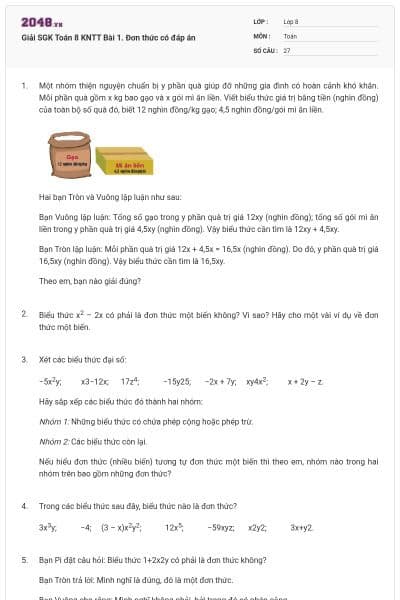 Giải SGK Toán 8 KNTT Bài 1. Đơn thức có đáp án
