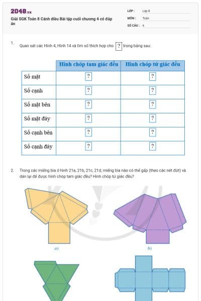 Giải SGK Toán 8 Cánh diều Bài tập cuối chương 4 có đáp án