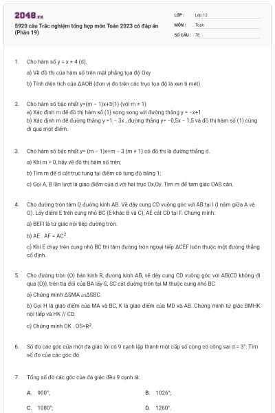 5920 câu Trắc nghiệm tổng hợp môn Toán 2023 có đáp án (Phần 19)