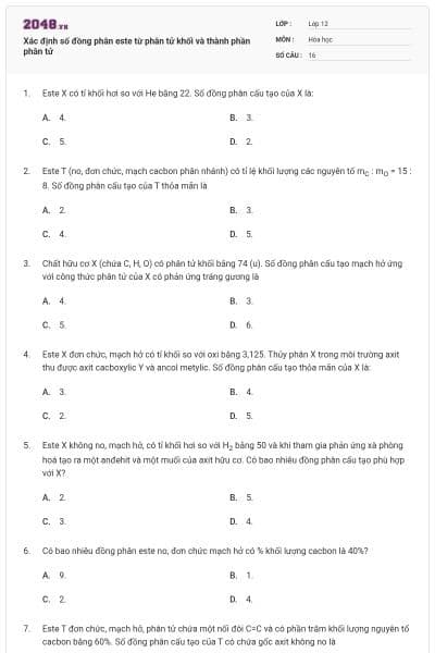 Xác định số đồng phân este từ phân tử khối và thành phần phân tử