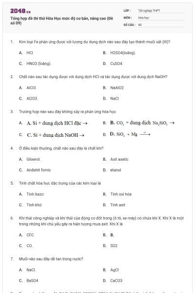 Tổng hợp đề thi thử Hóa Học mức độ cơ bản, nâng cao (Đề số 09)